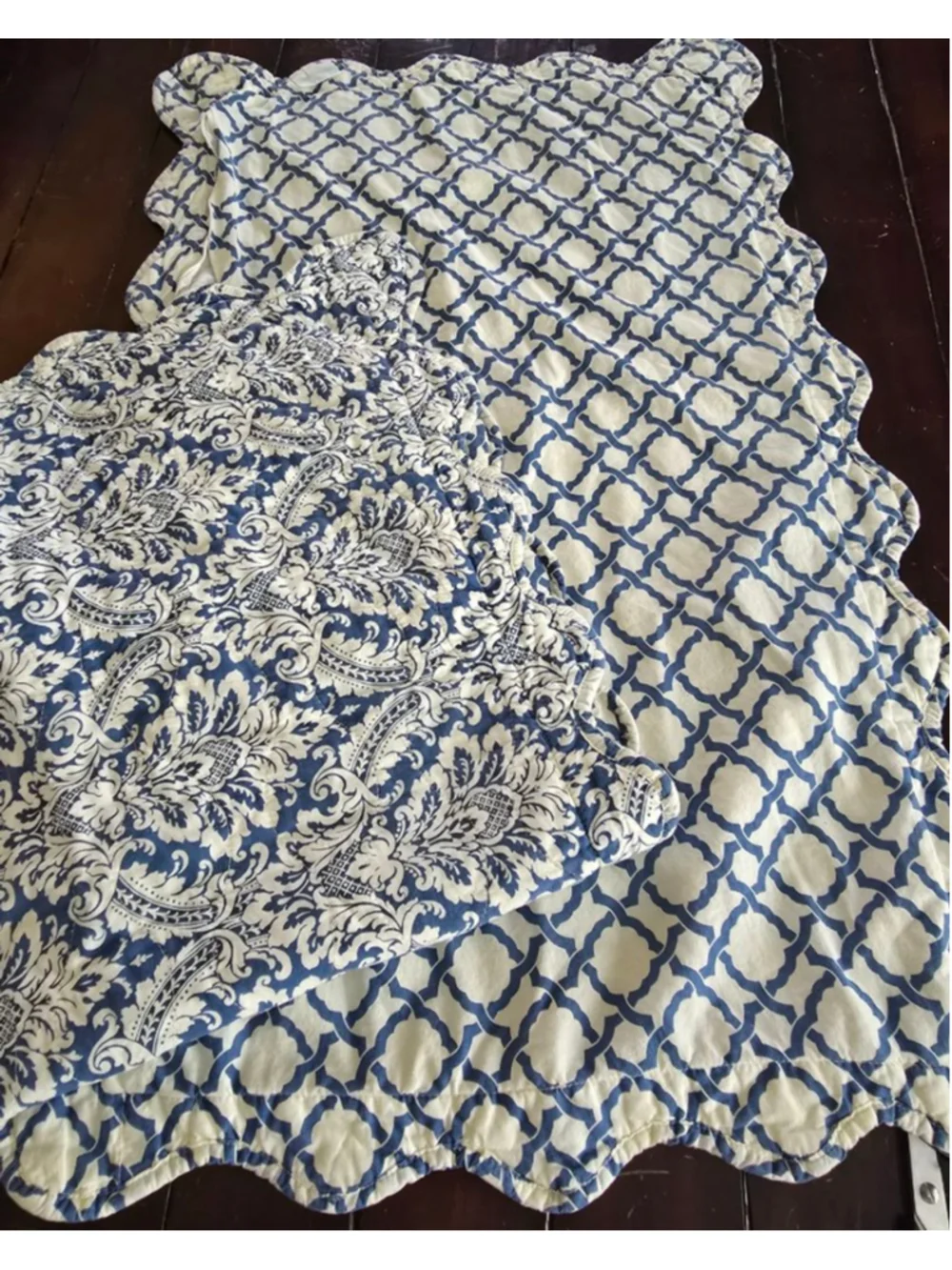 Waverly King Size Vintage Cottagecore Blue White Damask Scalloped Pillow Shams